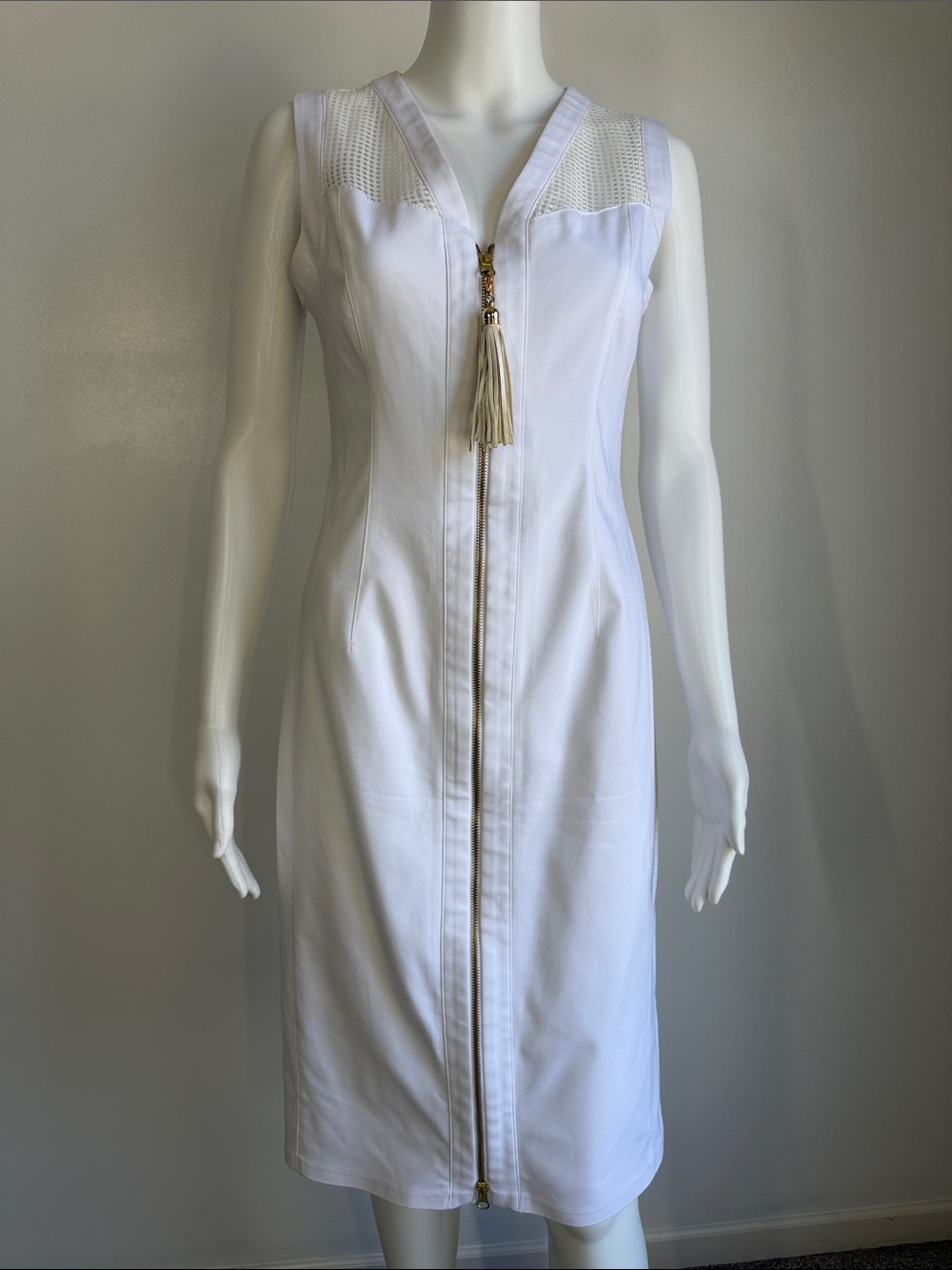 Camelot White Mesh Yoke Double Zip Tassel Sheath Dress EU 38 US 6